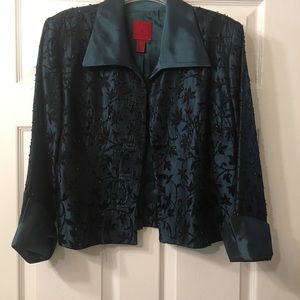 Green cocktail top with detailed black flowers